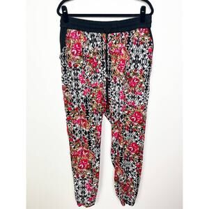 Ultra Flirt Plus Drawstring Black Geometric and Pink Floral Print Joggers Sz 2X